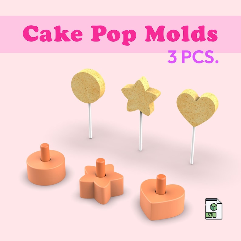 Pode incluir: Tr&ecirc;s moldes de cake pop laranja em formas de c&iacute;rculo, estrela e cora&ccedil;&atilde;o, acompanhados por tr&ecirc;s cake pops correspondentes em palitos brancos. O texto Cake Pop Molds 3 PCS. &eacute; exibido no topo e um &iacute;cone de arquivo STL est&aacute; no canto.
