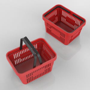 May include: Two red plastic shopping baskets with black handles. One basket is upright with the handle folded down, the other basket is lying on its side.