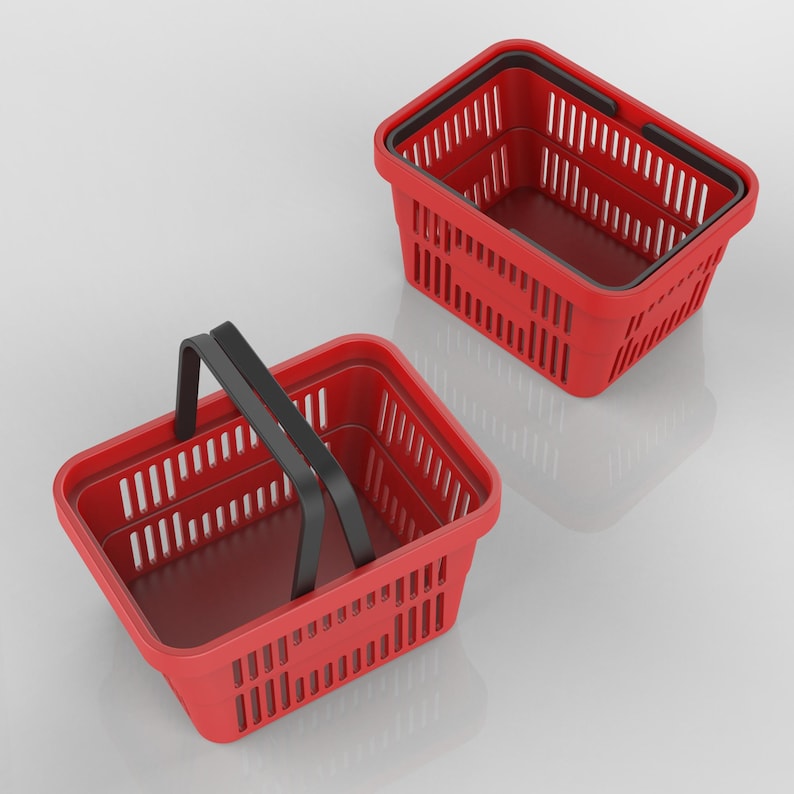 May include: Two red plastic shopping baskets with black handles. One basket is upright with the handle folded down, the other basket is lying on its side.