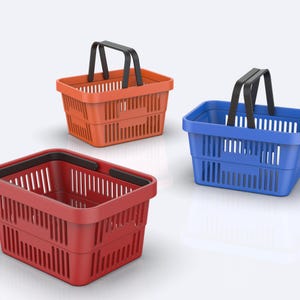 May include: Three plastic shopping baskets in different colors: red, orange, and blue. The baskets have black handles and are made of a lightweight, durable material.
