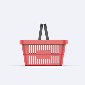 May include: A red plastic shopping basket with black handles. The basket has a grid pattern.