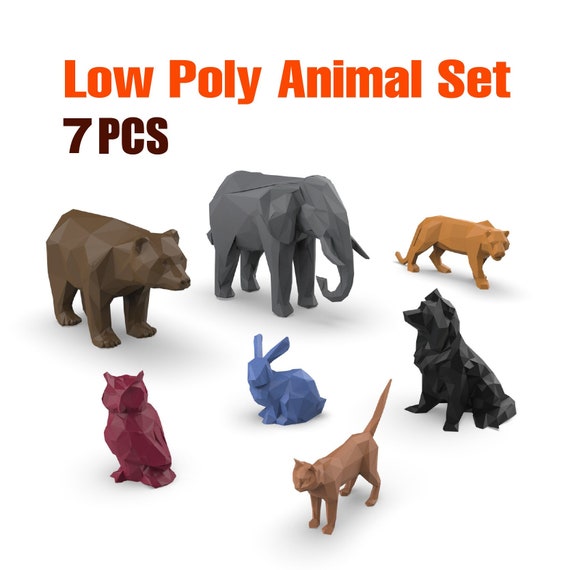 3D Low Polygonal Animals Set, Owl; Tiger; Cat; Elephant; Rabbit; Dog; Bear Include, 3D Home Decor, Ready to Print, 3D STL Digital Download