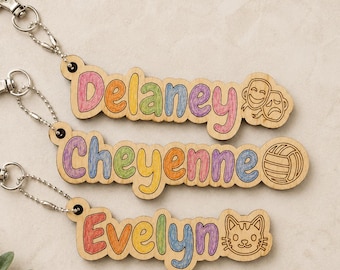 Custom Wooden Backpack Charm/Keychain with Name & Icon - DIY Colorable Party Favor