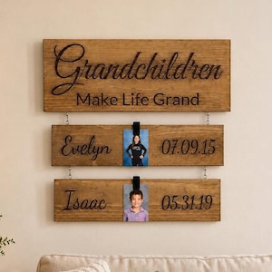 Personalized Grandparent Wall Sign - Grandkids Names and Birthdates- Optional Picture Hangers