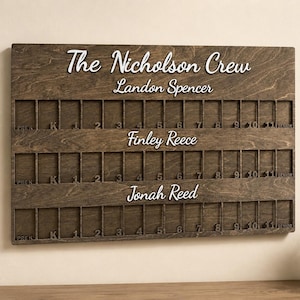 May include: A rectangular dark brown wooden school year photo display board featuring the text The Nicholson Crew. It includes three rows of slots for photos labeled with grade levels from Pre-K to 11 and Senior, with names Landon Spencer, Finley Reece, and Jonah Reed.