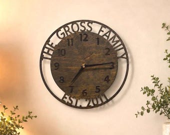 Personalized Family Name Clock | Laser Cut Wooden Clock with Family Name & Date