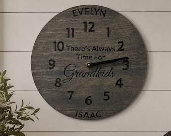 Personalized Laser Cut Wooden Clock - Custom Engraved with Grandchildren’s names and  phrase: 'There’s Always Time for Grandkids'