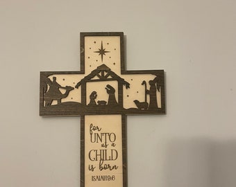 Wooden Cross Wall Decor: Nativity Scene Laser Cut