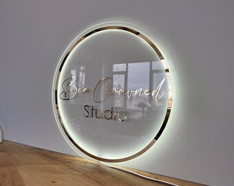 Neon Mirror Sign | Round Sign | Acrylic Wall Sign | Custom Backlit Sign | Light up Business Logo | Printed Salon Sign | Sign Acrylic