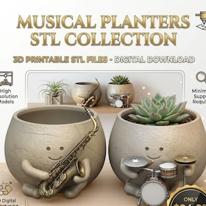 May include: A collection of musical-themed planters. One planter holds a saxophone, and the other holds a drum set. The planters are beige with smiling faces. The text on the image reads "MUSICAL PLANTERS STL COLLECTION" and "3D PRINTABLE STL FILES - DIGITAL DOWNLOAD."