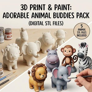 Op de afbeelding: Een verzameling 3D-geprinte dierenfiguurtjes waaronder een leeuw, olifant, nijlpaard, aap en zebra. De set bevat onbeschilderde witte modellen, beschilderde versies, verfpotjes, penselen en de tekst 3D PRINT & PAINT: ADORABLE ANIMAL BUDDIES PACK (DIGITAL STL FILES).