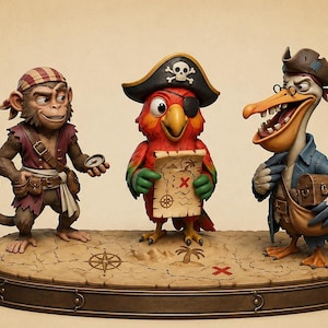 May include: A whimsical pirate-themed figurine set featuring a monkey, parrot, and pelican. The monkey holds a compass, the parrot a treasure map, and the pelican a treasure chest. The figures stand on a map-decorated base with a compass rose and 'X' marks.