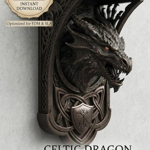May include: A dark brown wall shelf bracket featuring a sculpted dragon head with orange eyes, intricate Celtic knotwork patterns, and a small shield emblem. The text reads 3D PRINTABLE STL FILE INSTANT DOWNLOAD Optimized for FDM & SLA CELTIC DRAGON WALL SHELF BRACKET STL MODEL KIT.