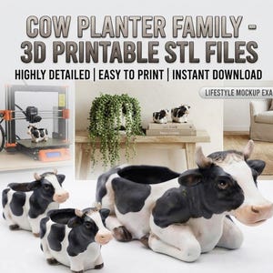May include: A set of three cow-shaped planters in black and white, featuring a large reclining cow and two smaller standing cow planters. The image includes text reading COW PLANTER FAMILY - 3D PRINTABLE STL FILES and LIFESTYLE MOCKUP EXAMPLE.