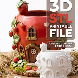 Strawberry Fairy House STL Pack, Cottage 3D Model File Pot Planter
