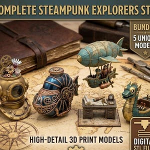 May include: Five steampunk-style 3D print models are displayed, including a diving helmet, a nautilus, an airship, a desk with a map, and a dragon-shaped boat. The models are in gold, blue, and brown tones. Text reads "COMPLETE STEAMPUNK EXPLORERS STLS".