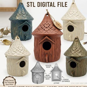 May include: A collection of multi-colored birdhouses with textured bark-like bodies and scaled roofs. The birdhouses are in shades of blue, brown, beige, and green. The image includes the text "STL DIGITAL FILE" and "COZY NEST COLLECTION - MULTI-COLOR PRINT PACK."