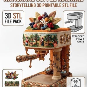Pode incluir: Um pacote de arquivos STL imprimíveis em 3D para uma máquina de café intitulada The Harvest: Artisanal Coffee Machine. O design apresenta uma cena de colheita, frutas e folhas decorativas e uma base trançada com ícones de xícaras.