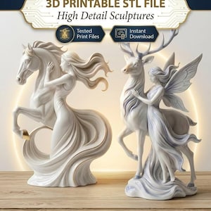 May include: Two white sculptures of a woman with a horse and a woman with a deer. The horse sculpture has a woman with long flowing hair. The deer sculpture has a woman with wings. The text on the image says "3D Printable STL File High Detail Sculptures".