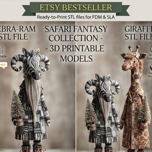 May include: Digital 3D printable models of a zebra-ram hybrid and a giraffe, both wearing patterned coats and holding small pine trees. Text includes "ETSY BESTSELLER", "SAFARI FANTASY COLLECTION - 3D PRINTABLE MODELS", "ZEBRA-RAM STL FILE", and "GIRAFFE STL FILE".