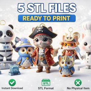 May include: A collection of 3D-printed figurines, including a panda, owl, cat pirate, samurai fox, and chef cat. The image includes the text "5 STL FILES READY TO PRINT". The figurines are on a white surface with icons indicating instant download, STL format, and no physical item.