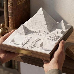 Peut inclure: Une sculpture en relief blanche détaillée des pyramides de Gizeh, dont la Grande Pyramide, sur une base en bois. Le modèle comprend des détails complexes des structures environnantes, des bateaux et des personnages. Une plaque en laiton est fixée à l'avant de la base.
