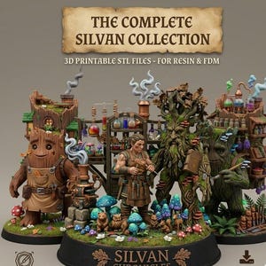 Puede incluir: La colección completa Silvan, archivos STL imprimibles en 3D para resina y FDM. La imagen presenta figuras de fantasía detalladas de criaturas arbóreas, una figura humana y varios elementos de fantasía. Las figuras están sobre bases con setas y otros detalles forestales.