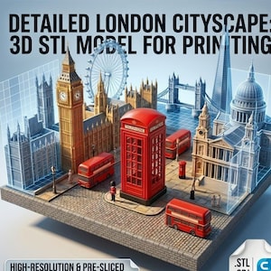 May include: A detailed 3D model of London, showcasing landmarks such as Big Ben, the London Eye, and red buses. A red telephone box is also featured. The model is designed for 3D printing. Text on the image reads "DETAILED LONDON CITYSCAPE: 3D STL MODEL FOR PRINTING".