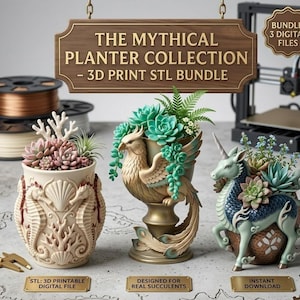 May include: The Mythical Planter Collection 3D print STL bundle features three detailed planters: a seahorse, a phoenix, and a unicorn. Each planter is designed to hold succulents and is available as a digital file for instant download.