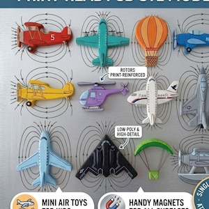 May include: A collection of 3D printed aircraft and air vehicle magnets including a red biplane, teal airplane, orange hot air balloon, yellow biplane, purple helicopter, white passenger jet, gray fighter jet, blue airplane, black stealth bomber, and green parachute. Text includes PRINT-READY 3D STL MODEL, ROTORS PRINT-REINFORCED, LOW-POLY & HIGH-DETAIL, MINI AIR TOYS FOR KIDS, and HANDY MAGNETS FOR ALL SURFACES.