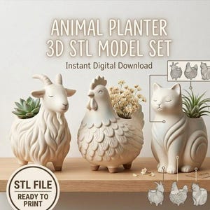 May include: A set of three off-white animal planters: a goat, a hen, and a cat. Each planter is designed to hold small plants or flowers. The image includes the text "ANIMAL PLANTER 3D STL MODEL SET" and "Instant Digital Download."