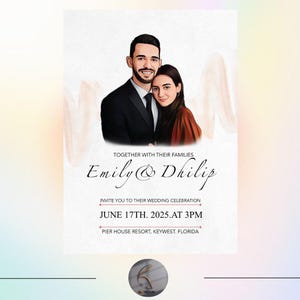 Personalizado, tarjeta de invitación personalizada, boda, invitación de compromiso, dibujo lineal minimalista, dibujo de retrato digital, dibujo personalizado