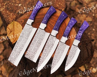 Hand Engraved 5 Piece Kitchen Knives Set, Gift For Wedding Couples, Premium Kitchen Knives Set, Gift For Husband, Gift for Father