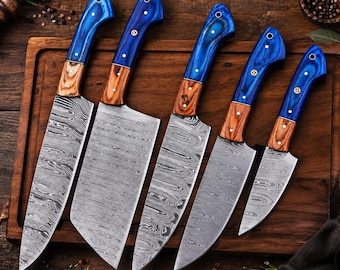 Personalized Handmade Damascus Chef Knife Set, 5-Piece Kitchen Knives with Leather sheath, Christmas Gift, Wedding Gift for Him