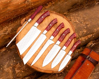 Carbon Steel kitchen chef knives set of 5pcs, Personalized Anniversary Gifts, Damascus kitchen knife with leather sheath, Christmas Gifts