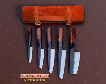 Hand Forged Japanese Knife Set, Kitchen Knives Chef Set 5Pcs,  Personalized Chef Knife Set, Gift for men&#39;s, Christmas Gift