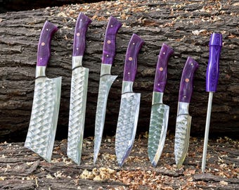 Custom Handmade Damascus Chef Knife Set | Personalized Chef Knife Set | Anniversary Gifts | Wedding gift | Gift for men&#39;s | Christmas Gift.
