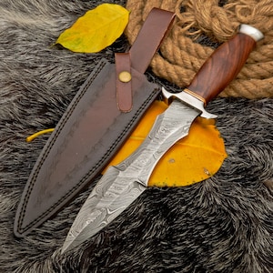 Damascus Steel Bowie Knife, Custom Handmade Hunting Knife with Leather Sheath, Full Tang Survival Knife, Bushcraft Gift for Men Gift for Him