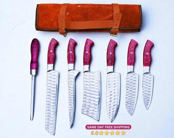 Handgjort J2 Steel kockknivsset: Grillknivar med läderslida