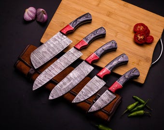 Hand Forged Damascus Steel Chef Knife Set, Kitchen Knives | Chef Knive Set, Handmade 5 Pcs Luxury Damasuc Knife Gift for him, Gifts for her