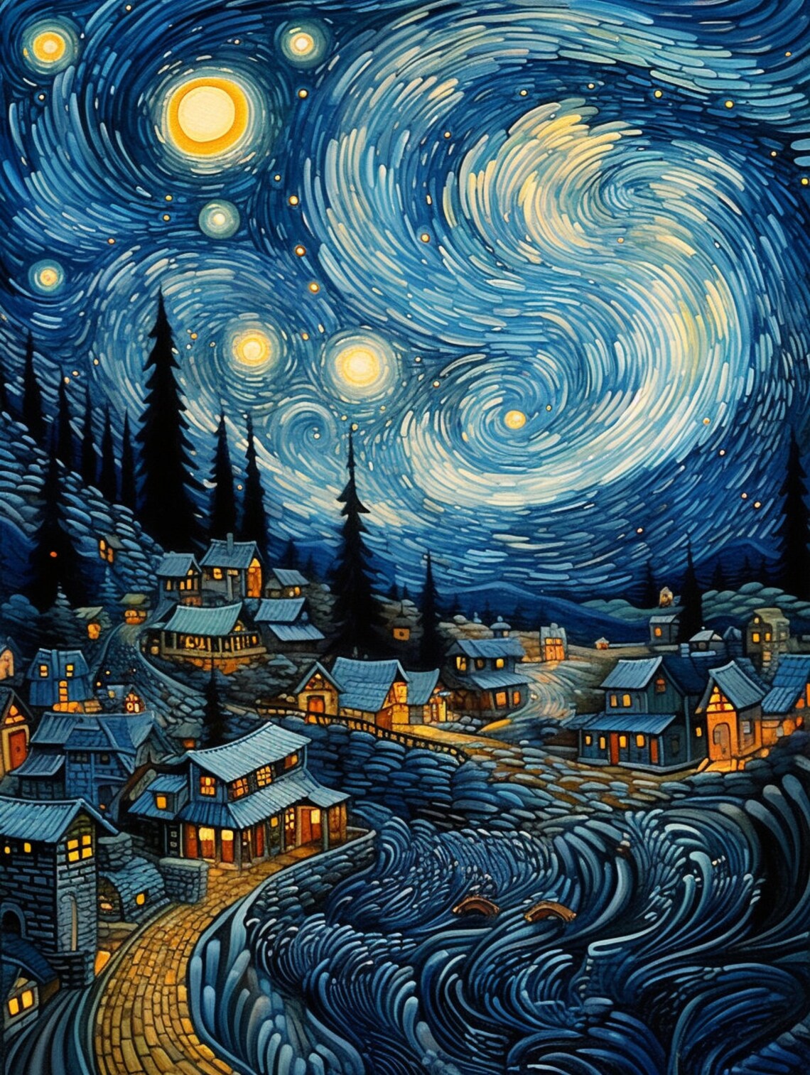 A Starry Night Sky Above a Quaint Village - Etsy