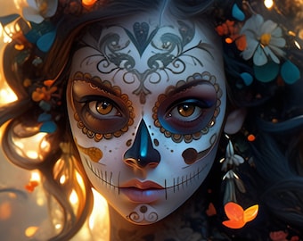 A young woman with mesmerizing sugar skull makeup