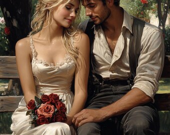Garden Romance Art Print: Vintage Couple with Red Roses