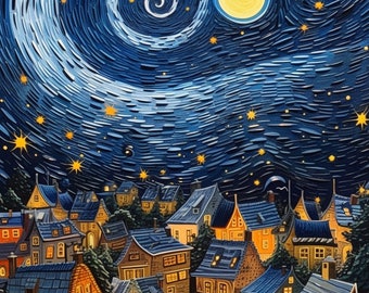 A starry night sky above a quaint village