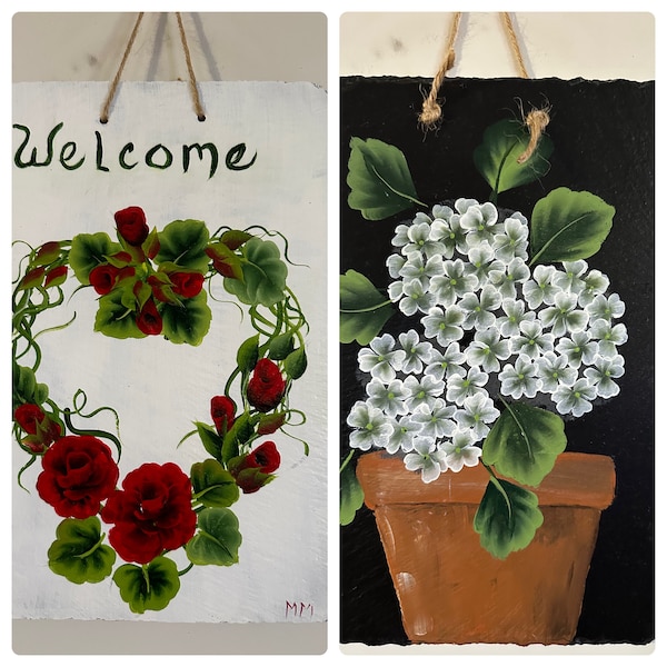 Reversible hand painted floral slate. Front door slate, porch sign, Mother’s Day gift. Garden deco. Welcome slate, hand painted slate sign.