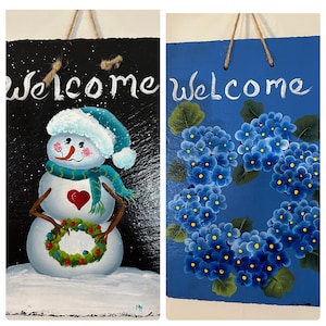Slate welcome sign, reversible slate, Snowman, Blue Hydrangea wreath. Front door welcome slate, porch sign. Wall hanging. Hand painted sign