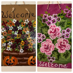 Hand Painted Floral Welcome Slate: Double Sided Porch Decor