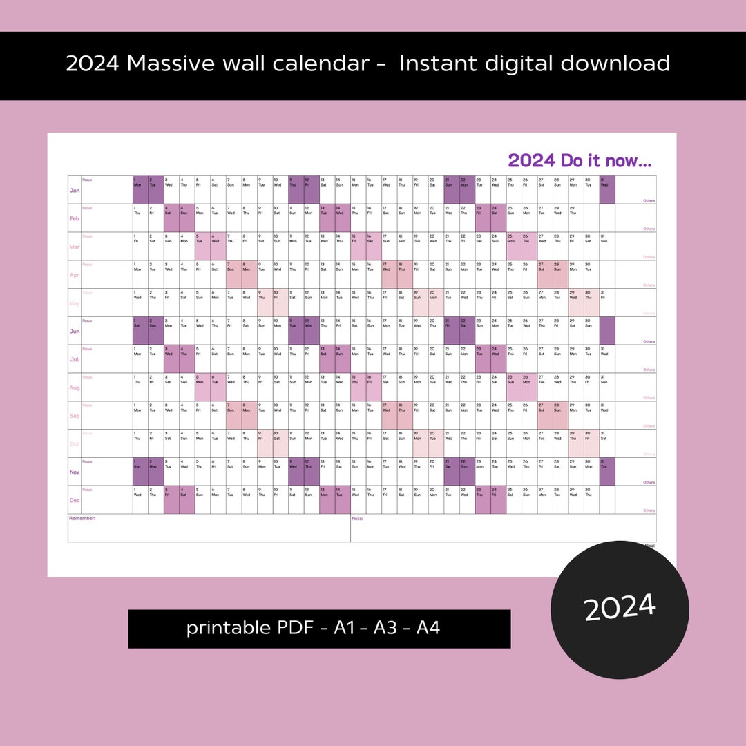2024 Printable Large Wall Calendar in Purple Color Style, 2024 Wall ...