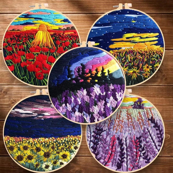 Landscape embroidery kit beginner hand embroidery cross stitch fabric with pattern sun sunflower floral mountain easy basic stitch