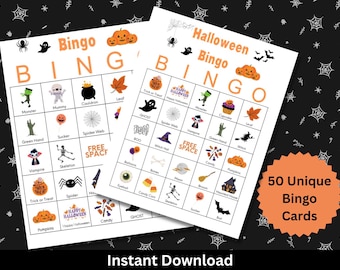 Halloween Bingo Game: 50 Printable Cards, Kids Party Activity (Digital Download)